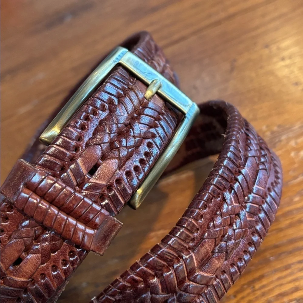 Brown Leather Woven Belt Tapered End Solid Brass Made in Italy Buckle Size 38